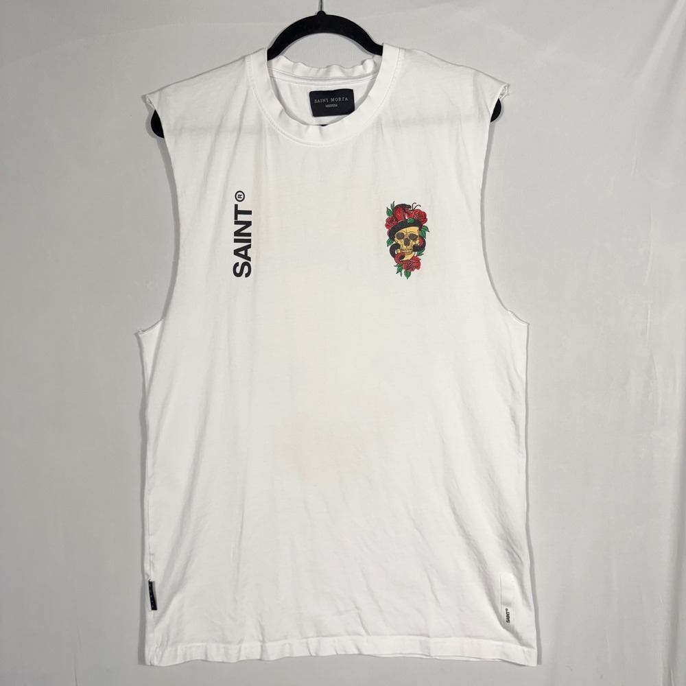 Saint Morta Skull & Snake Rose Graphic Muscle Tank White M Streetwear Gothic Alt
